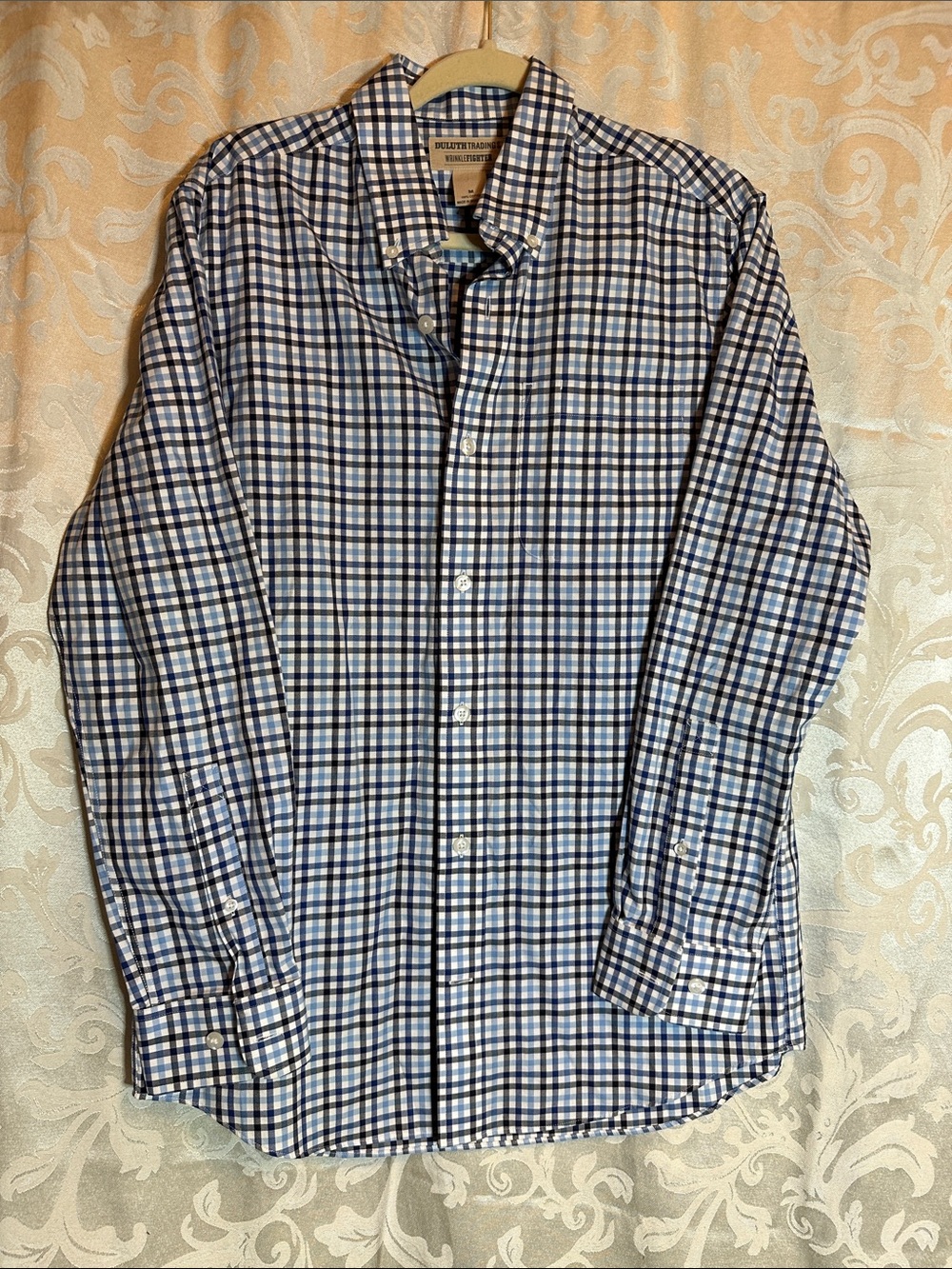 Duluth Trading Co Blue and White Checked Button-Down Shirt